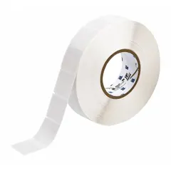 Vinyl precut label roll cartridge with white matte finish. Measures 1 1/2 in x 1 1/2 in and accommodates wire gauges from 10 AWG to 4 AWG. Requires IP-R4302 ribbon and is compatible with BBP81 printer series. Used for wire and cable identification in electrical installations and control panels.
