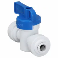 This manual two-way ball valve features a 1/4-inch acetal body with a straight pattern and standard port. It uses push x push connections for quick installation and a wedge handle for operation. Suitable for on/off flow control in low-pressure water, air, and chemical lines