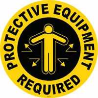 This vinyl floor sign features an anti-slip surface for added traction in safety zones. It is adhesive-mounted and measures 17 in x 17 in with a thickness of 0.012 in. Suitable for marking areas where protective equipment is required, it is not retroreflective and does not glow in the dark