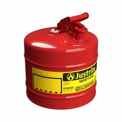This Type I safety can is designed for storing and dispensing flammable liquids. Constructed from powder-coated steel in red, it has a 5-gallon capacity. Typical applications include industrial environments where flammable liquids are handled, such as manufacturing and maintenance operations.