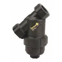This polypropylene Y strainer features 1 1/2 inch NPT connections, a 20 mesh stainless steel screen, and FKM seals. It measures 9 7/8 inches in height and length. Designed for inline filtration in industrial fluid systems, it removes debris from water, chemicals, or fuels