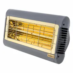 This SOLAIRA infrared heater delivers 2000W of radiant heat via a quartz lamp element with a 45° beam pattern. It operates on 277V AC, single phase, and is hardwired. The gray aluminum housing measures 16 x 10 x 6 inches. Suitable for spot heating in commercial or industrial spaces such as warehouses, loading docks, and workshops.