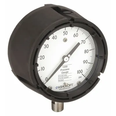ASHCROFT Process Pressure Gauge: 0 psi to 100 psi, White, 4 1/2 in Dial, 1/2 in NPT Male - All-Stainless Steel Wetted Parts & Casing