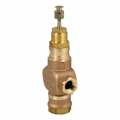 Two-way globe valve with brass body and stainless steel seat and stem. Features 1/2 in female NPT connections, 4.7 Cv flow rating, and stem-down-to-close action. Used in hydronic heating and cooling systems for modulating water flow in coils, heat exchangers, and zone control.