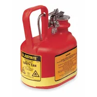 This JUSTRITE Type I Safety Can is a 1/2-gallon polyethylene container designed for the safe storage and dispensing of flammable liquids. The red color indicates its intended use with flammables. It is suitable for industrial maintenance, laboratory, and manufacturing environments where flammable materials are handled
