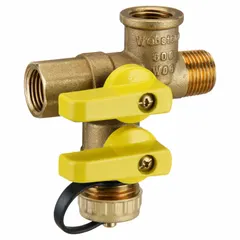 Brass full port ball valve with aluminum handle and Hi-Flow Hose Drains. Maximum operating pressure 600 psi. Used to isolate and service expansion tanks in hydronic systems, allowing maintenance without system drain-down.