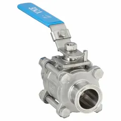 This manual two-way ball valve features a 316 stainless steel straight body with 1-1/2 in clamp x clamp connections. It meets 3A Sanitary Standards with a 20 Ra μ-in surface finish and includes a locking lever handle. Suitable for sanitary processing applications requiring clean-in-place compatibility.