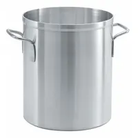 This 32-quart stock pot is constructed from 4.1 mm gauge aluminum for even heat distribution. It features a welded handle for secure attachment and is NSF certified for food safety. Suitable for large-volume cooking of soups, stews, and pasta in commercial kitchens. Lid not included