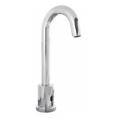 Brass construction with polished chrome finish. Single-post design with plug-in power. Includes mounting hardware. Suitable for commercial restrooms requiring touch-free operation.