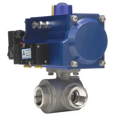 DYNAQUIP CONTROLS Pneumatically Actuated Three-Way Ball Valve: 1 in, Stainless Steel - L-Port Stainless Steel Pneumatically-Actuated Ball Valves
