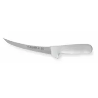 This boning knife features a curved steel blade with flexibility for trimming, deboning, and filleting meat and poultry. The 11-inch overall length includes a white sanitary polypropylene handle. NSF certified for use in commercial food preparation environments