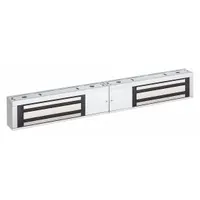 Steel double-door magnetic lock from the M400 Series. Measures 20 9/16 in length, 1 3/4 in width, 3 in height. Instantaneous release delay. Used for securing paired doors in commercial and industrial access control applications