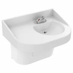 This wall-mounted institutional bathroom sink features a white D-shaped bowl with 14 1/2-inch length and 4-inch depth. Constructed of polymer resin, it is designed for healthcare and public restroom applications requiring ADA compliance.