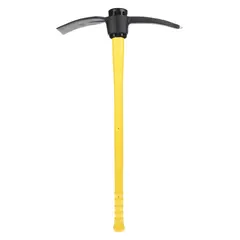 This pick mattock features a steel head with a 9 1/2-inch adze length and 3 1/2-inch adze width, mounted on a fiberglass handle. The adze blade is suited for cutting roots and sod, while the pick point breaks hard soil or rock. The fiberglass handle reduces vibration and resists weather, making it appropriate for heavy-duty digging and striking tasks in construction, landscaping, and excavation.