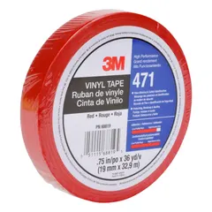 Solid red vinyl tape for marking aisles, hazards, and storage areas. Measures 3/4 in x 108 ft with 5.2 mil thickness. No message legend.