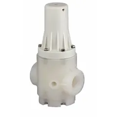 This pressure regulator is constructed with a polypropylene body and FKM seals, designed for use with corrosive and ultra-pure liquids. It features 2-inch NPT female inlet and outlet connections. Typical applications include chemical processing, water treatment, and semiconductor manufacturing where fluid purity and chemical resistance are required.