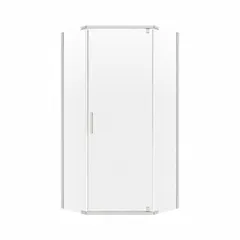 Frameless neo-angle shower door for corner enclosures. Overall height 74 in, fixed panel width 17 1/8 in, maximum door width 25 1/4 in. Brushed nickel finish on door frame. Suitable for residential bathroom installations or replacements.