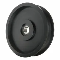 This flat idler pulley without flange has a 4.5 in outer diameter and an 11/16 in bore. It is made of nylon with a ball bearing type. Used in flat belt conveyor and power transmission systems to guide and tension belts