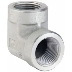Steel 90° elbow for hydraulic threaded extreme-pressure pipe systems. Connects two 1/4 in pipes with a maximum operating pressure of 5,000 psi. Suitable for high-pressure hydraulic applications.