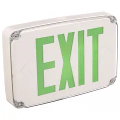 This wet-location-rated exit sign features a white plastic housing with green LED illumination on one face. It is designed for ceiling mounting and operates on 120/277 V AC without battery backup. Suitable for areas exposed to moisture such as covered walkways or parking garages.