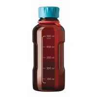 Amber glass media bottle with a wide mouth and GL45 screw thread, including a screw-on closure. Designed for storing, mixing, and dispensing culture media, buffers, and reagents in laboratory settings. The amber body protects light-sensitive contents. Height: 193 mm