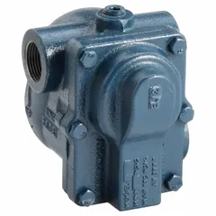 This cast iron float and thermostatic steam trap automatically drains condensate from steam lines while preventing steam loss. It features a stainless steel float, 1 in FNPT connection, maximum capacity of 2,100 lb/hr, maximum pressure of 15 psi, and maximum temperature of 377°F. Suitable for low-pressure heating systems and industrial condensate removal applications. Horizontal installation orientation.