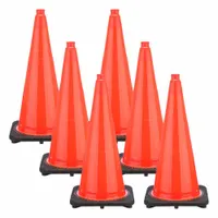 This 28-inch traffic cone features a non-reflective orange PVC body with a black base and blank legend. The 7 lb base weight provides stability for temporary traffic control, hazard marking, and work zone delineation on roadways and construction sites