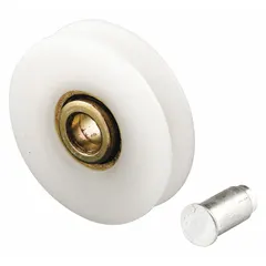 This white unfinished roller is designed for use in sliding screen door systems, providing smooth guidance and support for the door panel. It measures 5-7/16 inches in height and length, with a width of 3-13/16 inches. Suitable for residential and light-commercial entryway applications.