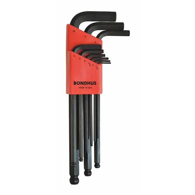 BONDHUS Hex Key Set: 6 - 10 Pieces, L, Metric, Single Ball End, Long, 9 Pieces - L-Shaped Hex Key Sets