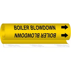 Yellow wrap-around pipe marker with black legend reading 'Boiler Blowdown' and directional arrows. Fits pipe outer diameters from 2-1/2 to 7-7/8 inches. Supplied as a single marker for identifying boiler blowdown lines in industrial piping systems.