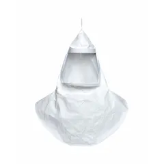This MSA double bib hood is designed for use with powered air-purifying respirator (PAPR) systems. It features a threaded connector for attachment, a suspension system, and a double bib that provides extended coverage for the neck and chest. The hood is universal size and supplied in a pack of 20. Suitable for industrial environments requiring respiratory protection.
