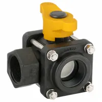 BANJO Manual Three-Way Ball Valve: 1 1/2 in, Polypropylene, L Flow, FNPT x FNPT x FNPT, Three-Piece (MPN V150SL)