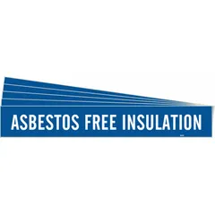 Blue adhesive pipe marker with white legend reading 'Asbestos Free Insulation'. Fits pipe outer diameters from 2-1/2 to 7-7/8 inches. Sold in a 5-pack without arrows. Used to label piping systems containing asbestos-free insulation in industrial facilities.