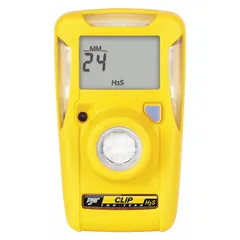The HONEYWELL BW BW Clip BWC2-H515 is a single-gas detector for hydrogen sulfide (H2S). It features high alarm at 15 ppm and low alarm at 5 ppm. The unit has a yellow housing and is powered by a lithium battery. This personal safety device continuously monitors ambient air for H2S, alerting the wearer to hazardous concentrations.