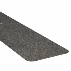 Very coarse (24 grit) pressure-sensitive tape strips for heavy traffic areas. Black solid strips with high conformability, 6.7 mil thickness. Suitable for indoor and outdoor use in oily and muddy environments. Meets MIL specifications.
