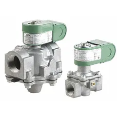 This REDHAT solenoid valve is a 2-way, 2-position normally open type with a 1-1/4 in pipe size and 120V AC operation. It includes a junction box coil enclosure and vent. Commonly used in industrial piping systems for on/off control of fluid or gas flow in process automation, water treatment, and HVAC applications.