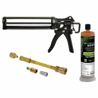 This 6-piece UV leak detection kit is designed for use with R-134a and R-1234yf refrigerant systems. It includes an 8 oz cartridge of A/C dye and an R-134a hose coupler with BigEZ adapter and purge fitting. The kit is used to inject UV dye into cooling systems, enabling leak detection under UV light