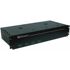 Steel rack-mount enclosure housing a power supply board that converts 115V AC input to 24V AC at 25A. Features 16 fuses for protected power distribution. Suitable for use in industrial control systems, security panels, and automation equipment.