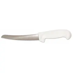 This 10-inch bread knife features a curved steel blade and a white polypropylene handle. It is NSF Certified for use in commercial foodservice environments where sanitation compliance is required. The knife is designed for slicing bread, cakes, and pastries.