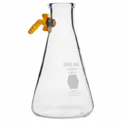 This KIMBLE filtering flask has a 4 L capacity and conical shape, made from colorless glass meeting USP Type I specifications. It is compatible with stopper size 12. Commonly used in vacuum filtration setups for separating solids from liquids in laboratory applications.
