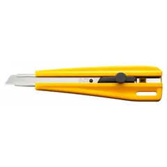 This 9mm snap-off knife features a yellow plastic handle and a plain-edge blade with 13 segments, allowing fresh cutting edges without sharpening. It has a 5-inch overall length and stores zero blades. Suitable for cutting cardboard, paper, and thin plastics in packaging, crafts, and light cutting tasks.