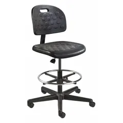 This armless drafting chair from BEVCO's Breva Value-Line series features an 18-inch wide seat made of plastic material and a black nylon frame. It does not include a tilting back. Suitable for use at drafting tables, workbenches, or computer stations where a compact, armless seat is preferred.