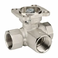 3-way characterized control valve body with 1-inch female NPT connections. Stainless steel ball and brass body. 30 CV flow and 30 bypass CV flow. 200 psi close-off rating. For water media in HVAC and hydronic systems.