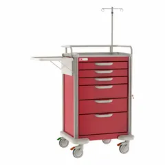 This METRO medical procedure cart features an aluminum frame with six red drawers and a taupe cabinet. It is equipped with two swivel casters and two swivel casters with brakes for mobility and stability. Suitable for organizing and transporting medical supplies, instruments, and medications in healthcare settings.