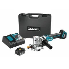 The MAKITA XCS06T1 is a cordless rebar cutter powered by an 18V DC brushless motor. It cuts rebar up to #8 size with a maximum cutting depth of 1 in. The kit includes one 5.0 Ah battery. Suitable for cutting rebar in concrete reinforcement and construction applications where cordless mobility is required.