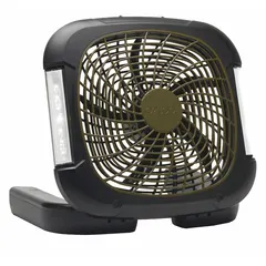 Battery-powered compact fan with a 10-inch blade, delivering 91 to 140 cfm airflow at two speeds. Non-oscillating design with ABS housing. Suitable for personal cooling in areas without AC power, such as camping, outdoor events, or workshops.