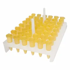 This clear plastic test tube rack is designed for benchtop use in laboratory settings. It accommodates up to 48 tubes, providing organized storage and easy sample visibility during experiments, sample handling, or transport.