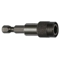 This APEX bit holder is designed for power tool use, accepting 1/4 in hex-shank bits. The magnetic tip holds bits securely during fastening tasks. It features a hex compatible bit shank and is not impact rated, making it suitable for standard drilling and screwdriving applications.