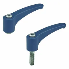Metal-detectable handle with threaded hole, blue plastic (RAL 5001), M6 thread, 63 mm length, 10 mm thread length. Suitable for clamping, positioning, and adjusting machinery components in industrial equipment where contamination detection is required.