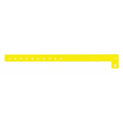 Plastic security wristband in yellow, measuring 10 inches overall length and 5/8 inch overall width. Supplied in packs of 500. Suitable for access control, event management, and identification applications.